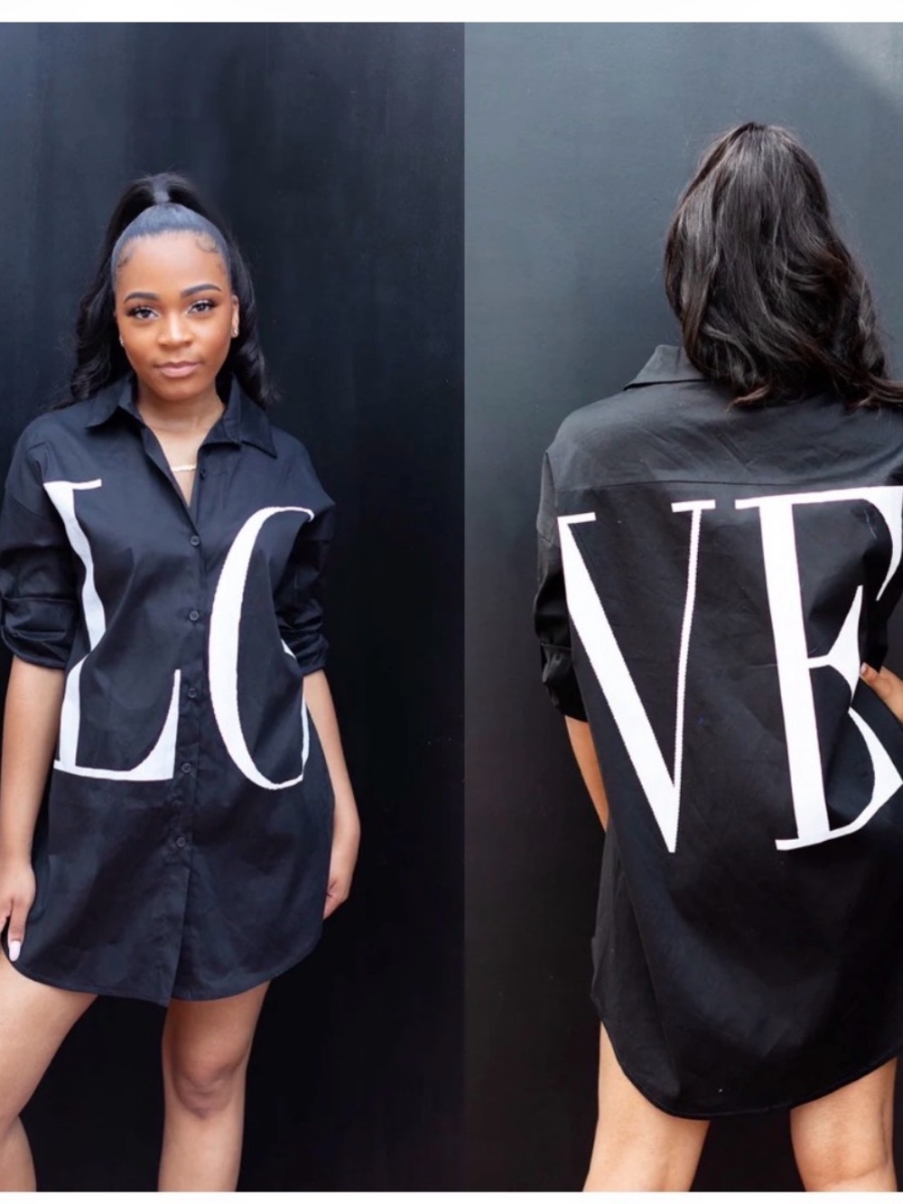 Venti6 Italian Oversized LOVE Graphic Button Front Shirt Dress Tunic Black L